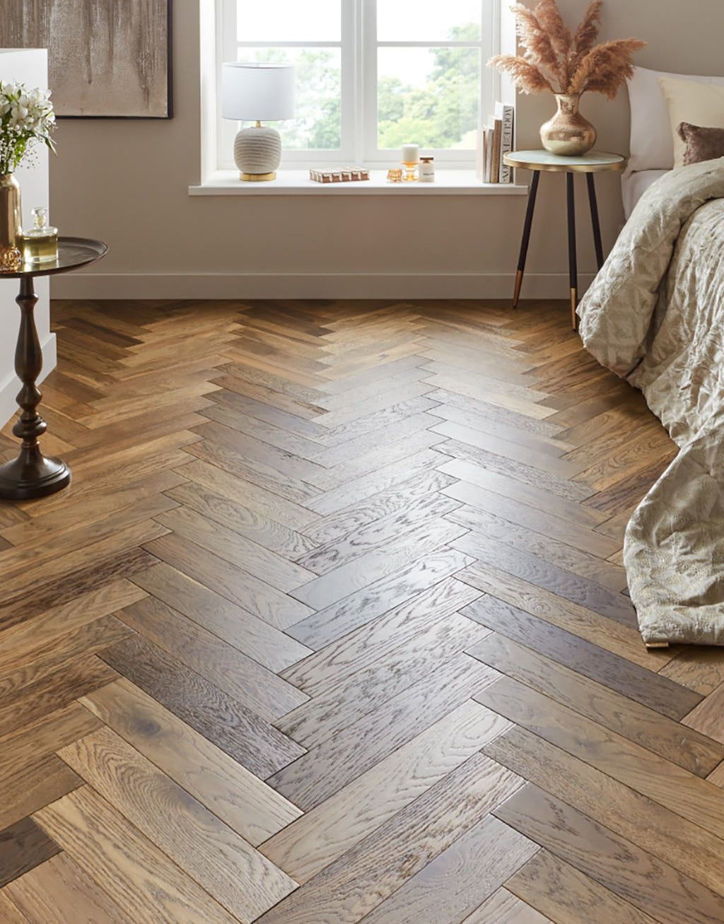 Ashbury Herringbone Golden Smoked Oak Brushed & Lacquered Engineered Wood Flooring